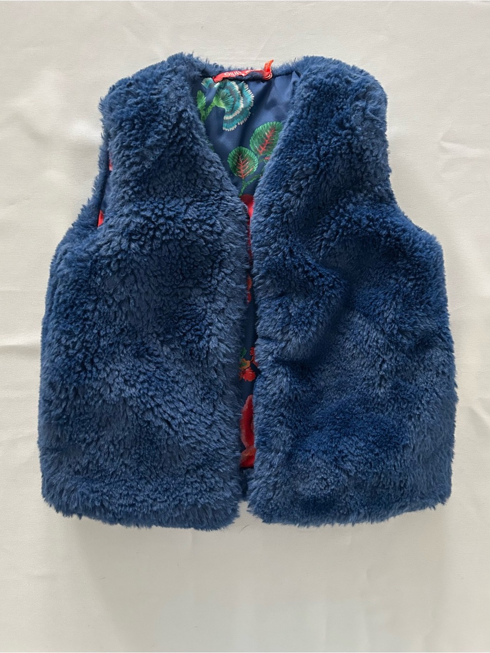 LN Oilily Plush Blue Kids Faux-Fur Vest Floral Lining France